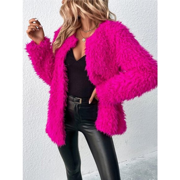 Plus Size Fuzzy Faux Fur Coat Waterfall Collar Long Sleeves Warm Outwear - Picture 4 of 5